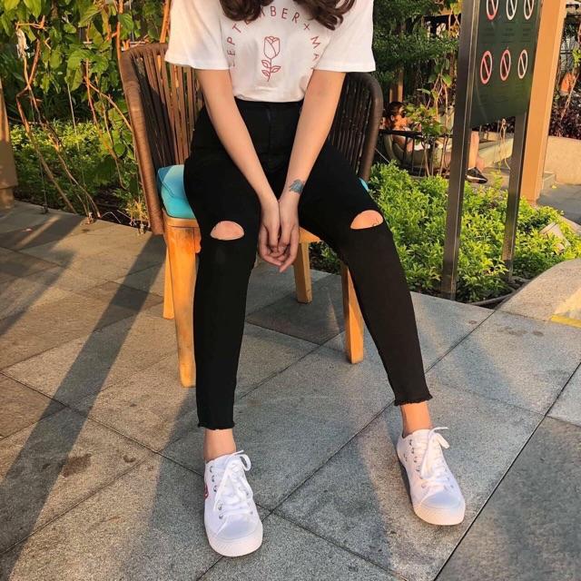 QUẦN JEANS Skinny ĐEN ôm RÁCH GỐI - chất mềm giãn