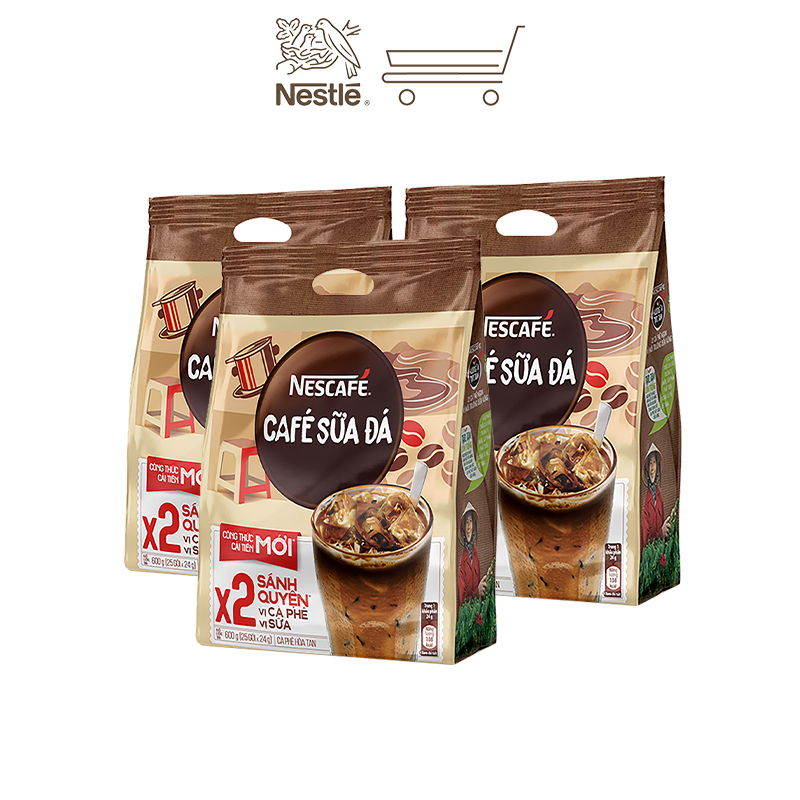 [TẶNG BỘ 4 CHÉN SỨ] Combo 3 bịch cà phê hòa tan Nescafé cà phê sữa đá (Bịch 25 gói x 24g)