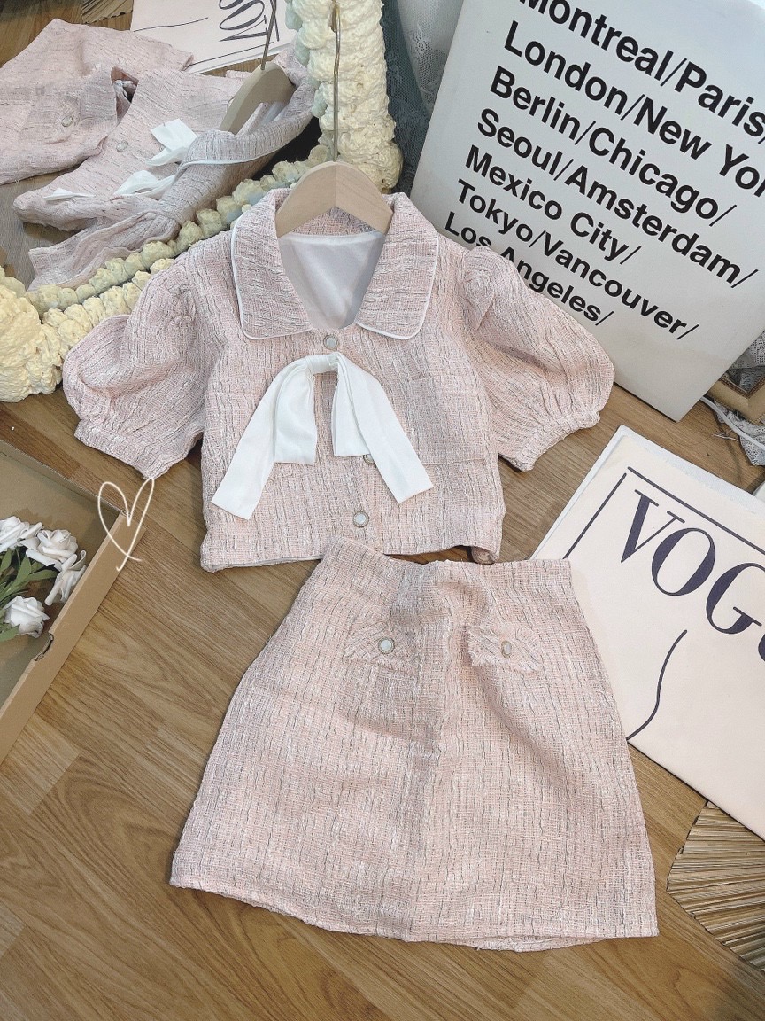 Set áo croptop đính nơ kèm chân váy chữ a ulzzang hàn quốc