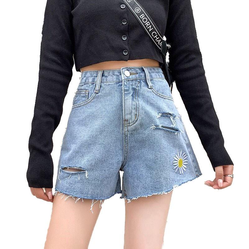 Quần short jean nữ Big Size lưng cao trên rốn, co dãn mạnh, in hoa cúc đang hot 3453