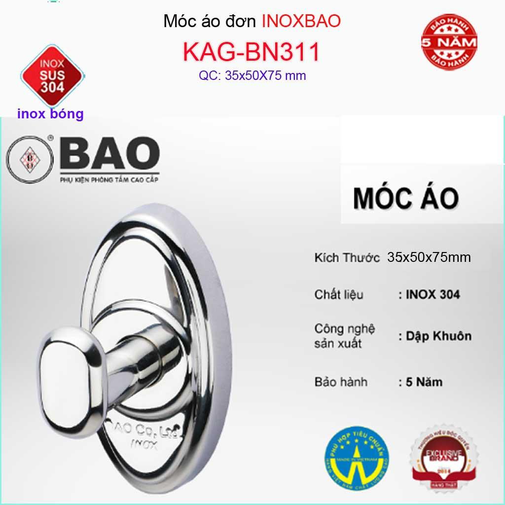 Móc đơn Inox Bảo KAG-BN311, móc treo đồ nhà tắm SUS304 đế oval thiết kế đẹp sang trọng gọn gàng