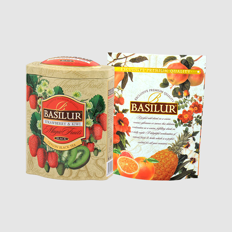 Trà đen Ceylon Basilur cao cấp vị Dâu tây &amp; Kiwi - 100g (Hộp thiếc)