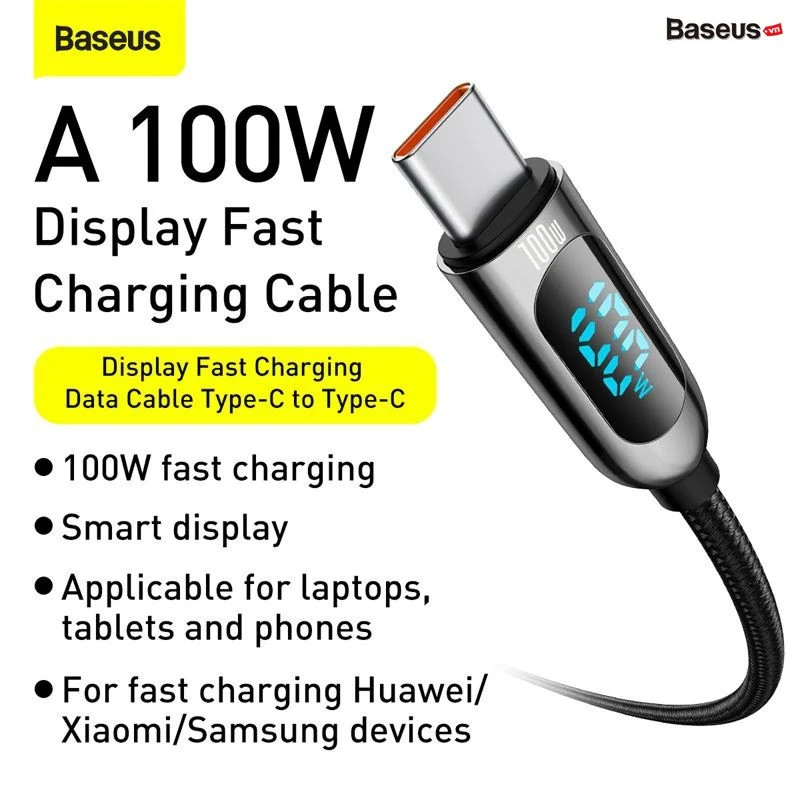 Cáp sạc nhanh C to C 100W Baseus Display Fast Charging Data Cable - hàng nhập khẩu