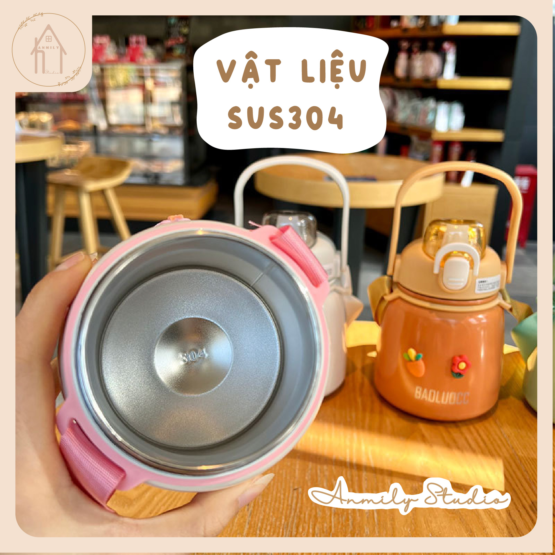 Bình Giữ Nhiệt Cute ANMILY Chất Lượng Cao Dung Tích 650ml Dễ Thương Có Ống Hút Kèm Theo, Tặng Sticker 2D, 3D