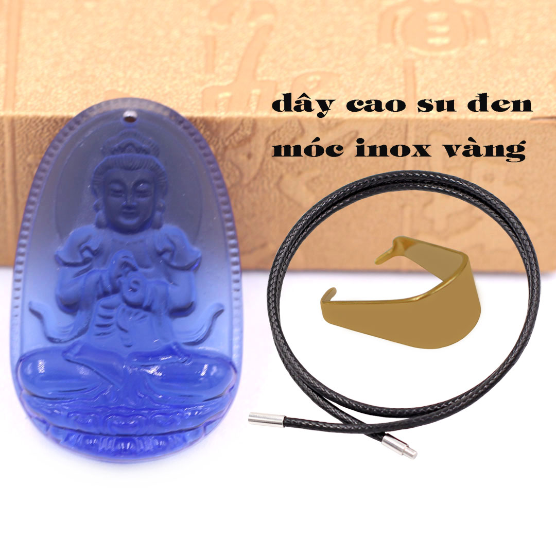 Mặt Phật Đại nhật như lai thuỷ tinh xanh dương 3.6 cm kèm móc và vòng cổ dây cao su đen, Mặt Phật bản mệnh