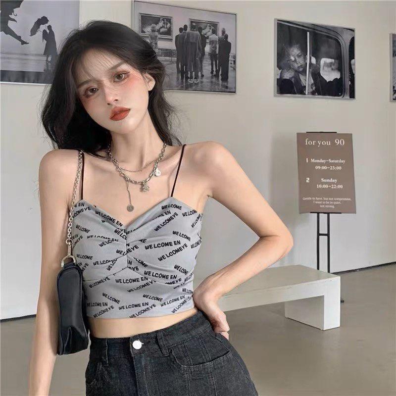 M196. Áo 2 dây có mút ngực croptop in chữ cá tính, áo kiểu nữ đẹp sang chảnh 2023