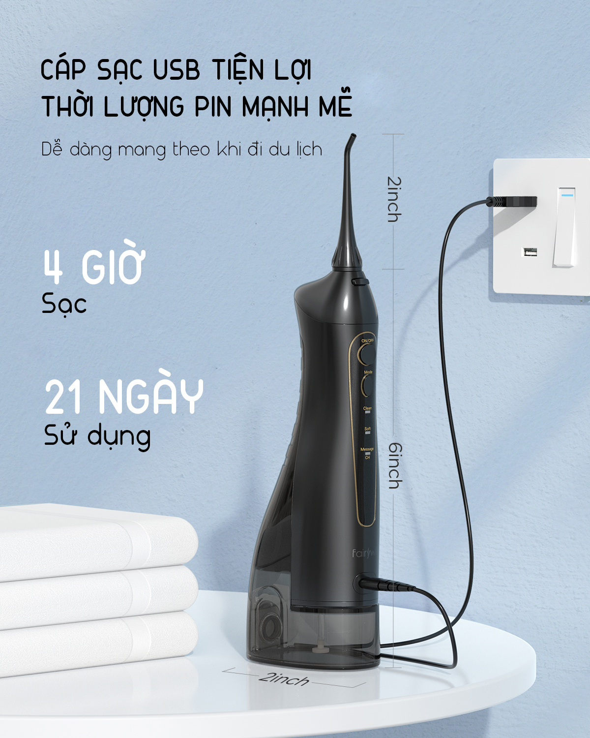 Máy tăm nước cầm tay FAIRYWILL FW-5020E máy tăm nước chính hãng Mỹ vệ sinh răng miệng cao cấp Thiết kế nhỏ gọn Sạc bằng USB Dễ mang đi du lịch Hàng Chính Hãng