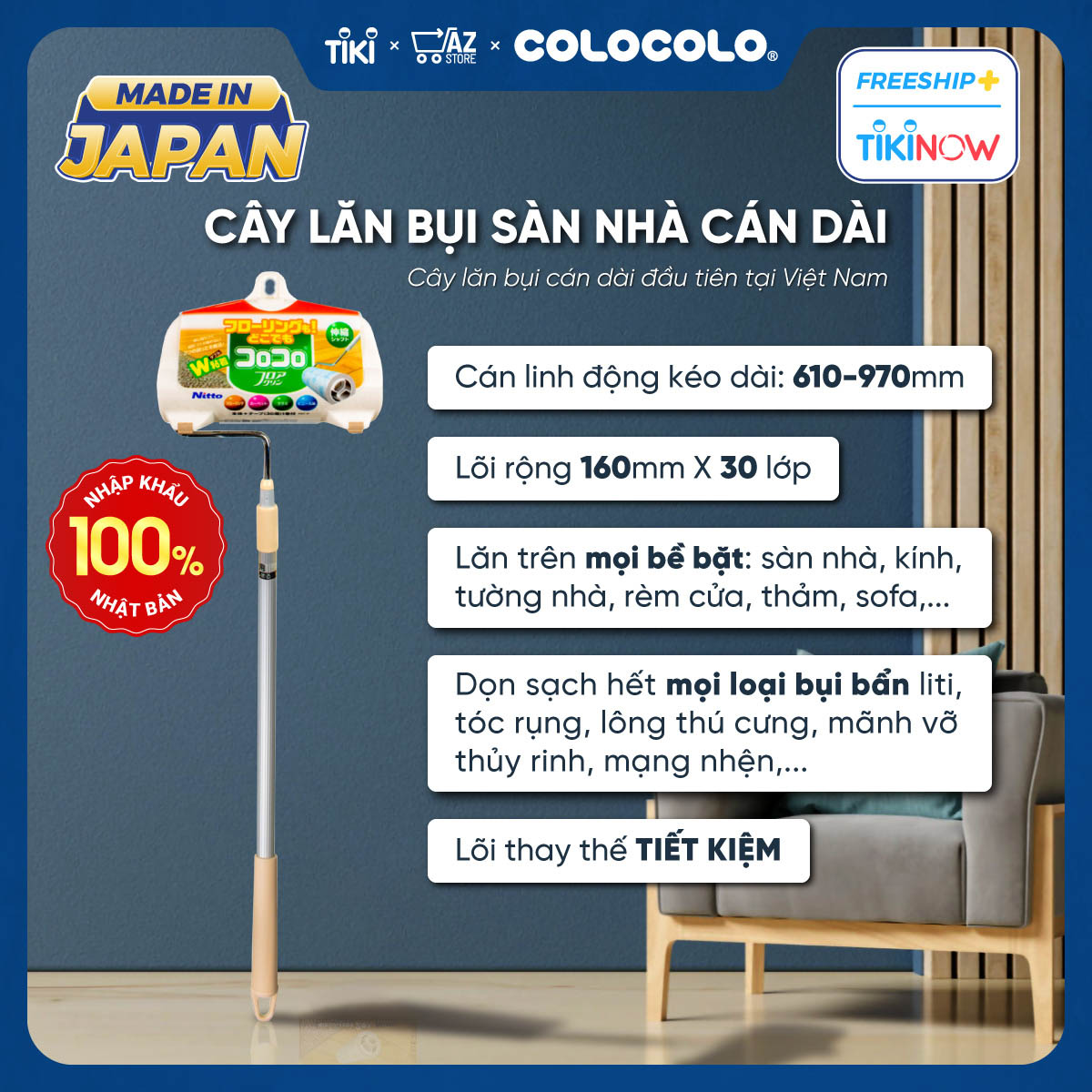 Cây Lăn Bụi Sàn Nhà Cán Dài COLOCOLO Nhật Bản - Tăng giảm chiều dài linh động 610mm-970mm