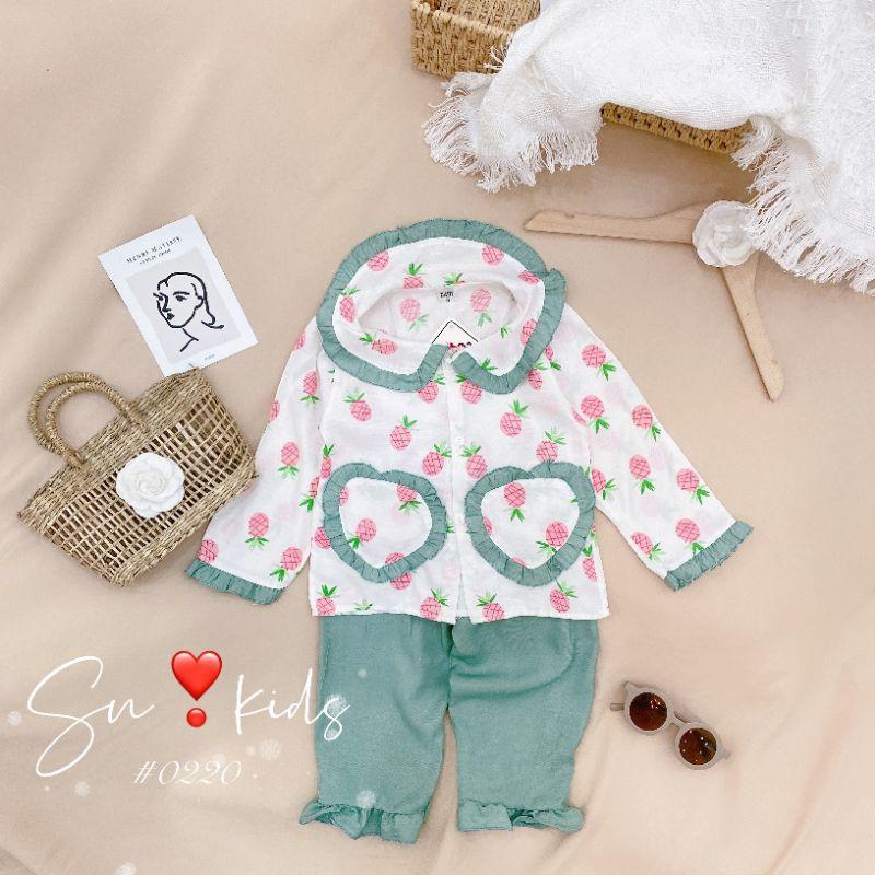 Bộ Pijama Dài Tay Chất Đũi Cúc Dọc Túi Trái Tim Bé Gái