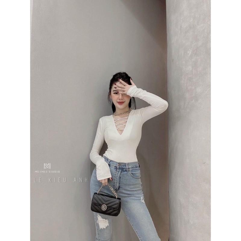 Áo croptop tay dài đan dây trước ngực siêu sexy- A5N Áo Croptop Tay Dài Bozip Đan Dây Trước Ngực