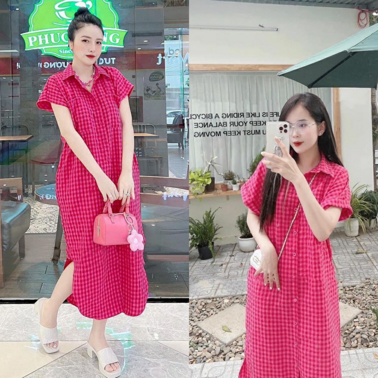 Váy sơ mi cộc tay kẻ caro dáng suông vải đũi, đầm suông bầu bí bon chen mặc đi làm đi chơi đều đẹp