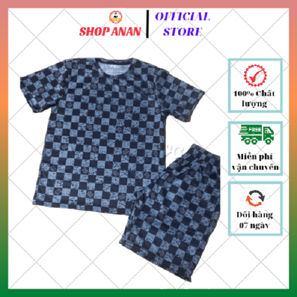 Bộ thể thao nam mùa hè chất thun lạnh cao cấp họa tiết kẻ caro nền đen kẻ xanh, đẹp, mát Shop Hồng An