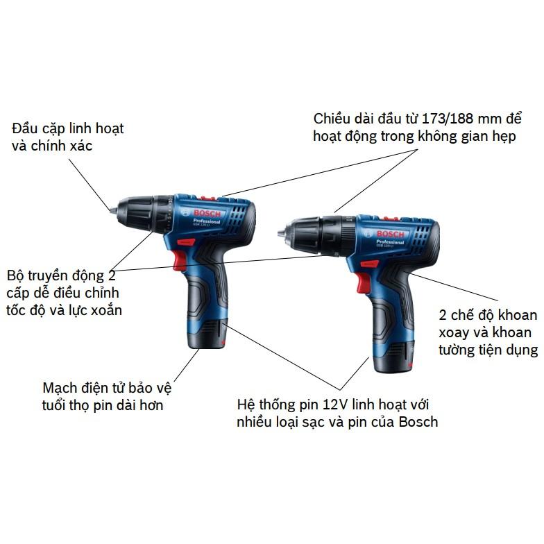 Máy khoan vặn vít dùng pin 12V Bosch GSR 120-LI GEN II gồm 1 sạc 2 pin 2.0 model 2021