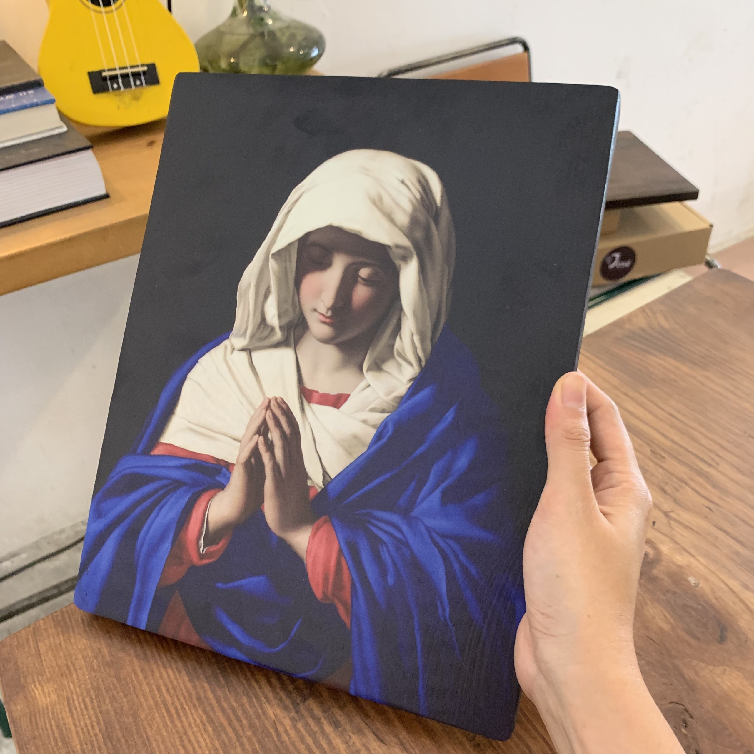 Tranh Gỗ Đức Mẹ Cầu Nguyện Beati - Tranh Công Giáo Thủ Công Màu Rustic/ Icon of Mother Mary Praying