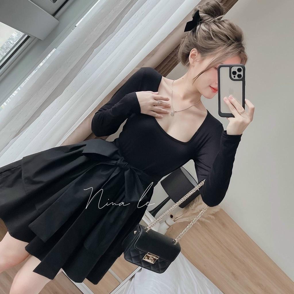 FREE SHIP Sét Bộ Đồ Nữ Áo Chất Vải Borip Dài Tay Kèm Chân Váy Cotton Lạnh Cột Nơ Thiết Kế Sang Chảnh KIM GIA DS