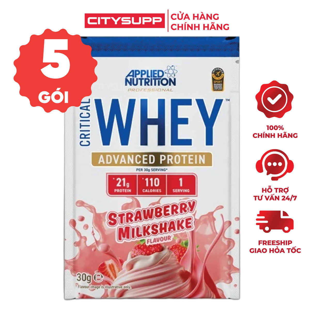 Gói Sample Dùng Thử Critical Whey Protein 30g (Set 5 Gói) Applied Nutrition, Hỗ Trợ Phục Hồi Và Xây Dựng Cơ | CitySupp
