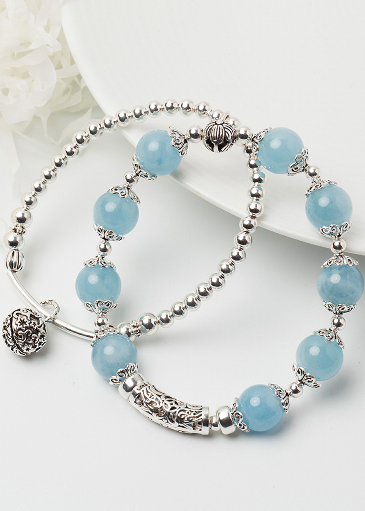 Vòng 2 line đá Aquamarine phối charm bạc size hạt 10mm mệnh thủy, mộc - Ngọc Quý Gemstones