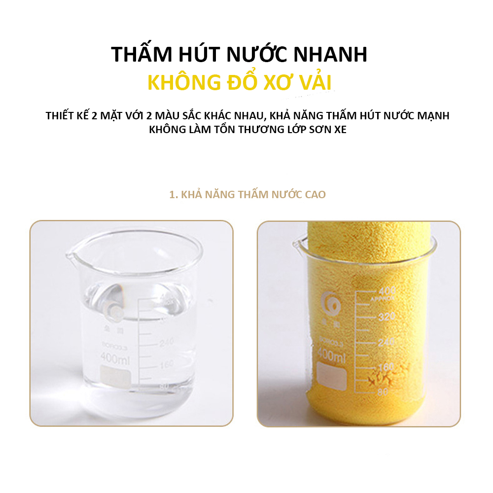 Khăn lau rửa xe ô tô hai mặt vàng xám mật độ cao khăn dày, mềm, mịn, thấm hút tốt kích thước 30x30 và 30x60 cm