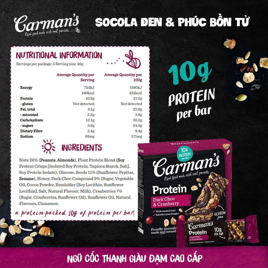 Thanh Giàu Đạm Carman's Protein Bar Dark Choc, Cranberry - 200g