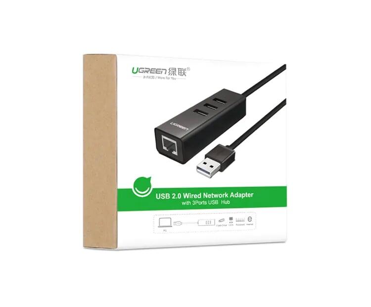 Ugreen UG30301CR129TK 30CM màu Đen HUB chuyển đổi USB 2.0 sang 3 USB 2.0 + LAN hổ trợ 100Mbps - HÀNG CHÍNH HÃNG