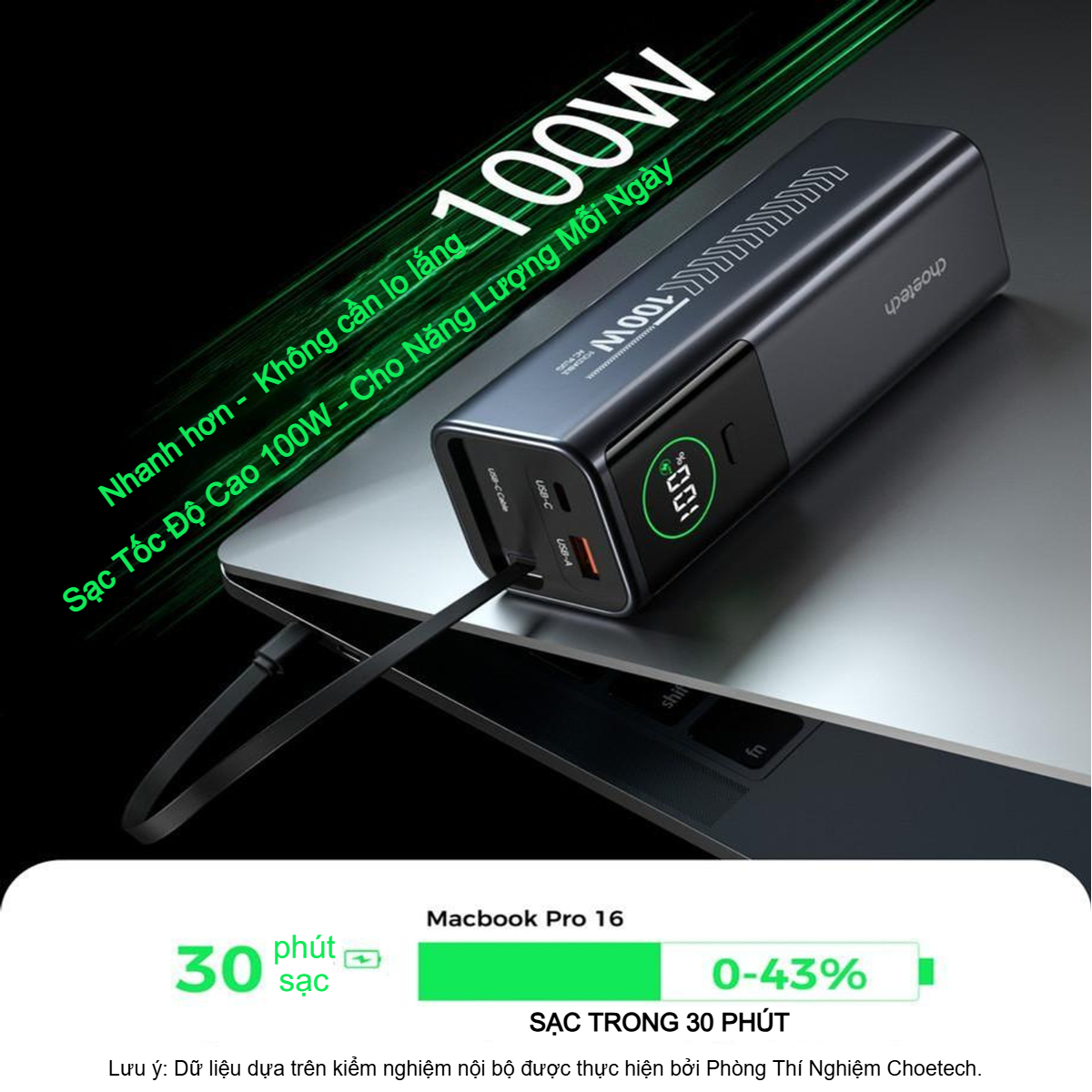 Pin dự phòng kiêm củ sạc 100w Choetech B1012 dung lượng 20000mAh tích hợp cáp sạc đa năng cao cấp (Hàng chính hãng)