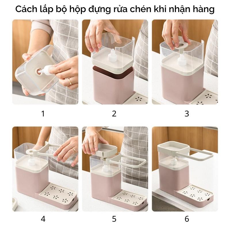 Bộ Hộp Đựng Nước Rửa Chén Tạo Bọt 3 IN 1 Thông Minh Kèm Miếng Bọt Biển