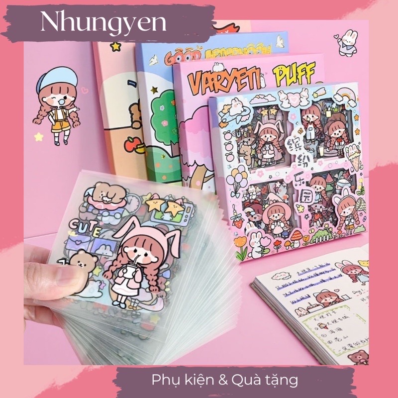 Tách Lẻ 30 tờ sticker size 8x8cm hình cô gái và bé thỏ dễ thương trang trí