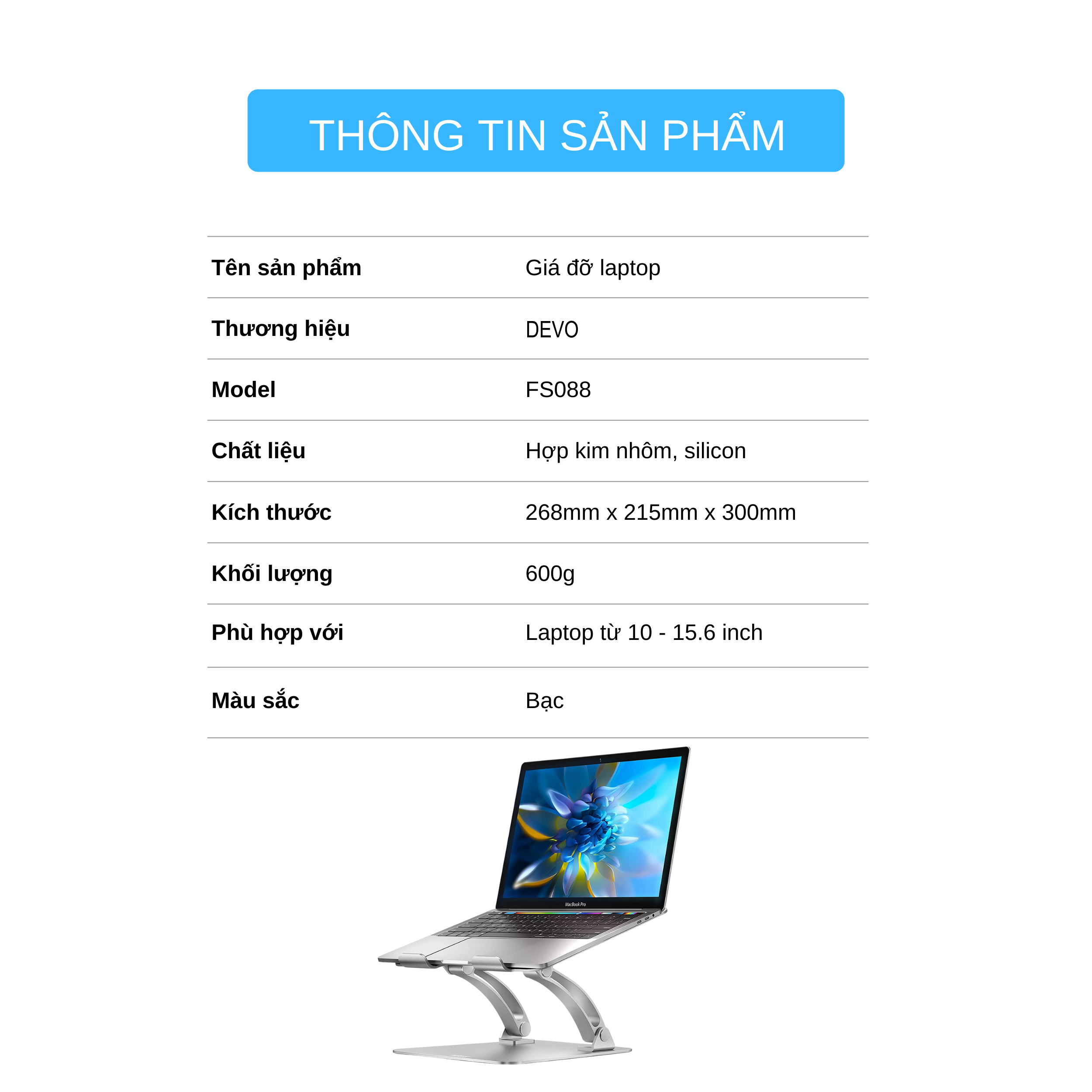 Giá Đỡ Cho Máy Tính, Laptop, iPad, Macbook Hợp Kim Nhôm Cao Cấp. Hỗ Trợ Tản Nhiệt Chống Mỏi Cổ, Vai, Gáy. Hàng Chính Hãng DEVO