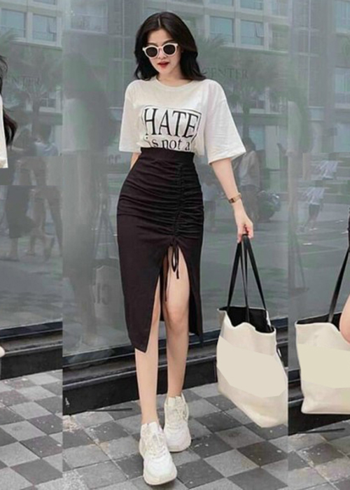 Set Áo Và Chân Váy Thun Xẻ Tà Rút Dây Duyên Dáng