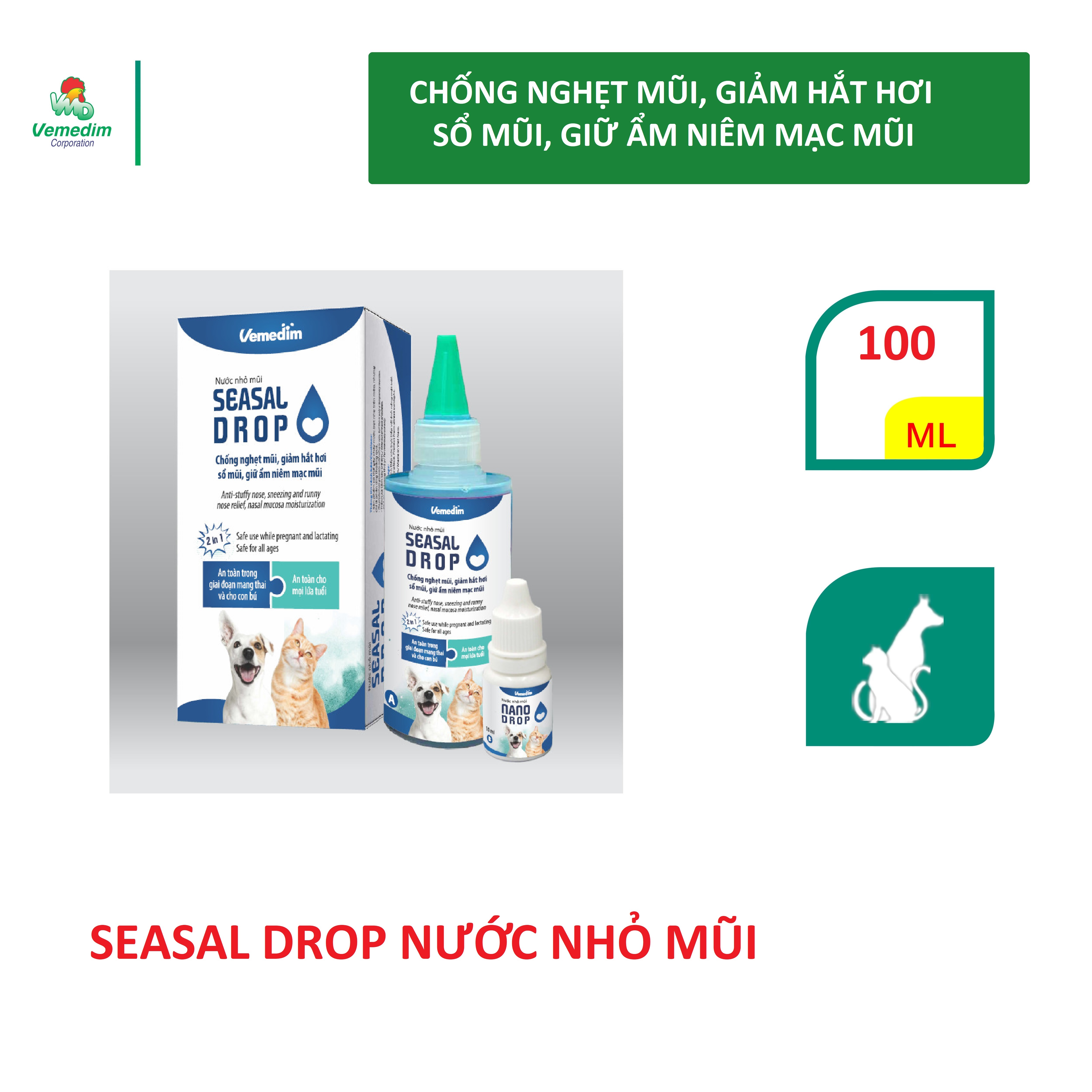 Vemedim Seasal Drop - Nước nhỏ mũi chống nghẹt mũi, giảm hắt hơi, sổ mũi, giữ ẩm niêm mạc mũi cho chó mèo