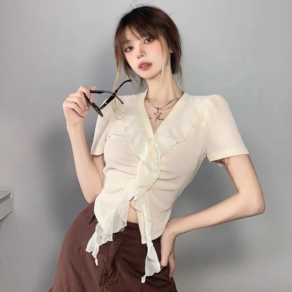 Áo Thun BIGSIZE CÔ NHỎ nữ cổ chữ V vạt bèo viền cổ và viền nút tà nhọn tay ngắn croptop Chuppy 58-95kg G89 - Trắng