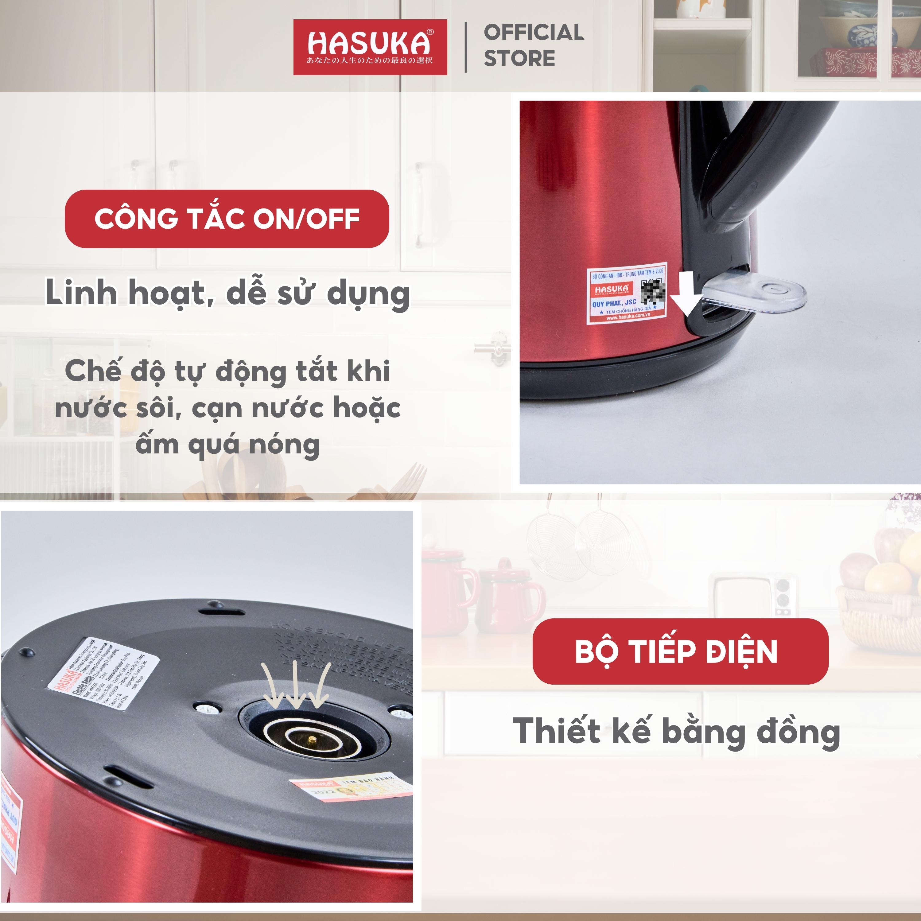 Ấm Siêu Tốc HASUKA HSK-222 dung tích 2L, công suất 1850-2200W- Lớp bên trong làm từ inox 304 thiết kế tay cầm cách nhiệt - HÀNG CHÍNH HÃNG