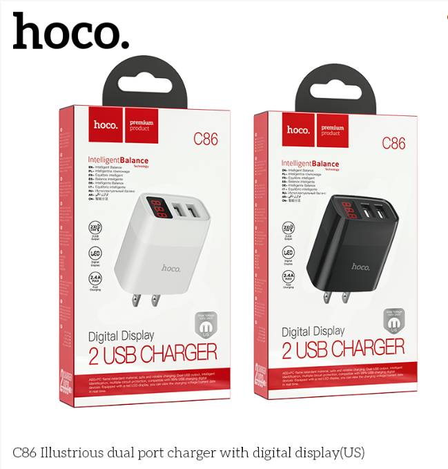 Cóc Sạc Nhanh Hoco C86 2 Cổng USB Màn Hình Led 2.4A dùng cho điện thoại iphone samsung - hàng chính hãng