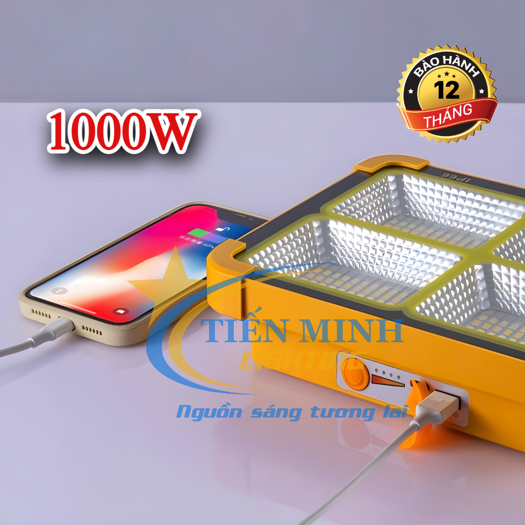 Đèn pha tích điện xách tay NLMT 1000W - HÀNG CHUẨN 4 PIN, 4 chế độ sáng, cổng ra USB 5V sạc điện thoại, máy tính bảng...