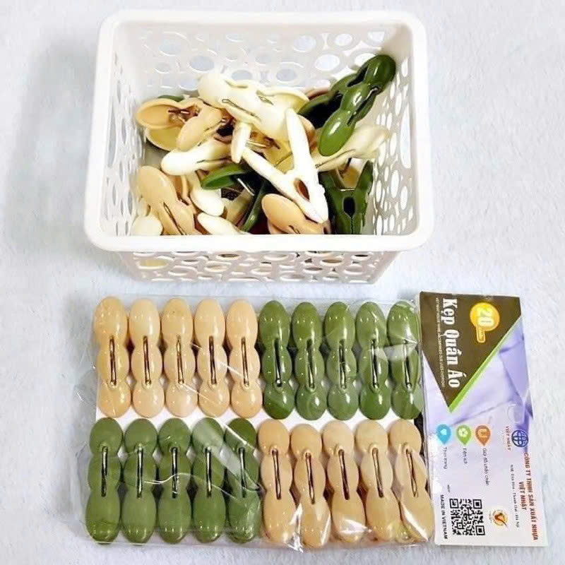 Vỉ 20 kẹp quần áo củ lạc nhựa Việt Nhật (2853), Kẹp phơi quần áo, phơi đồ tiện ích