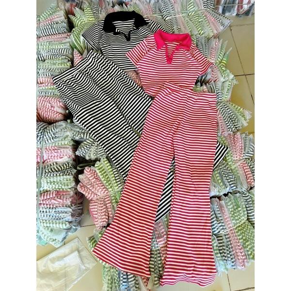 Set áo trụ sọc quần loe