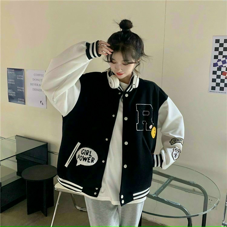 Áo Khoác Bomber Varsity Jacket in chữ R mặt cười cá tính form Unisex Nam Nữ, Áo Khoác cardigan Cá Tính In Thêu Logo, Chạy Viền Sọc, ÁO KHOÁC BOMBER R NỈ NGOẠI CAO CẤP GIRL POWER NAM NỮ, áo cardigan