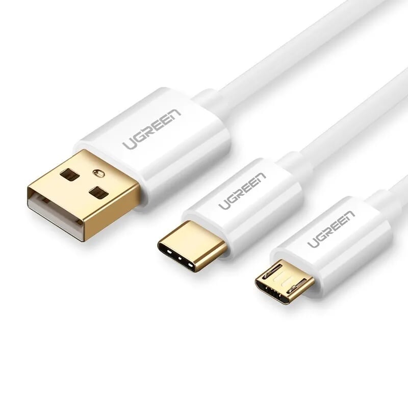 Cáp USB-A sang Micro USB + USB-C cao cấp 1M màu Trắng Ugreen 197HL30576US Hàng chính hãng