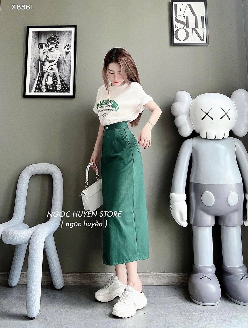 SET CHÂN VÁY DÀI LƯNG CAO SUÔNG TRƠN XẺ TRƯỚC XANH LÁ + ÁO THUN FORM RỘNG ĐI BIỂN DẠO PHỐ DỰ TIỆC