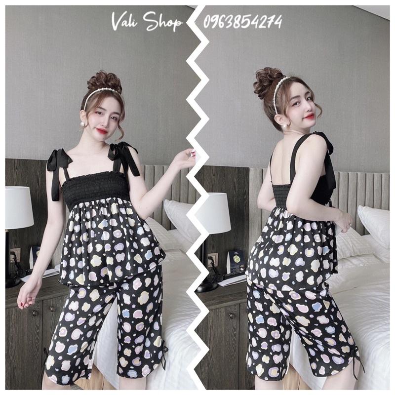 Đồ ngủ lụa latin 2 dây cột nơ quần lửng hoạ tiết freesize 42-57kg
