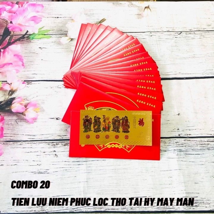 Combo 20 tờ lì xì Phúc Lộc Thọ Tài Hỷ màu vàng may mắn, chất liệu nhựa plastic, dùng để treo trong nhà, trên cây hoa mai, làm tiền lì xì, mừng tuổi, quà biếu tặng dịp Lễ Tết đầy may mắn và ý nghĩa - TMT Collection - SP005145