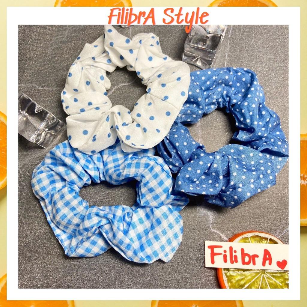 Dây buộc tóc scrunchies vải họa tiết xanh chấm bi, sọc caro phong cách Ulzzangs, phụ kiện tóc CT006 - Filibra