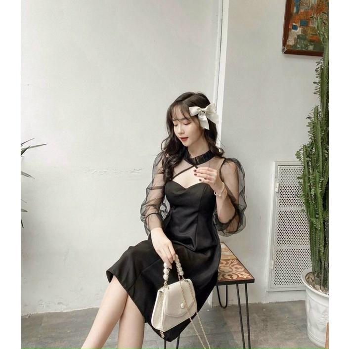 Đầm Đen Xoè Tay Phồng Váy Đen Dáng Xoè Hở Ngực Siu Xinhh