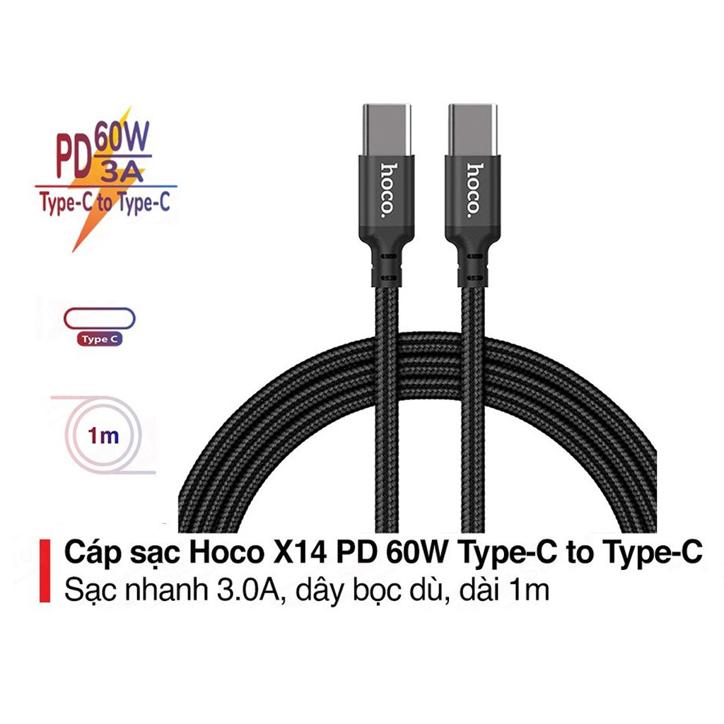 Cáp sạc nhanh PD60W Hoco X14 Type-C to Type-C dây dù siêu bền truyền dữ liệu dài 1M cho Android - Hàng chính hãng