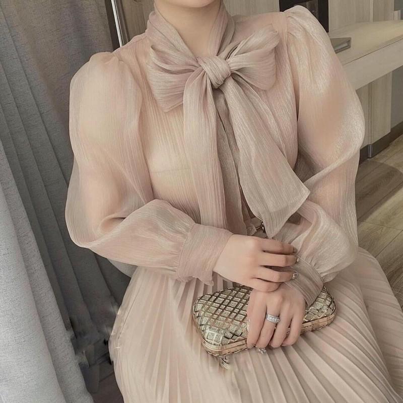 Sơ Mi Tơ Óng Cổ Nơ Hai Lớp, Áo Kiểu Hàng Loại 1