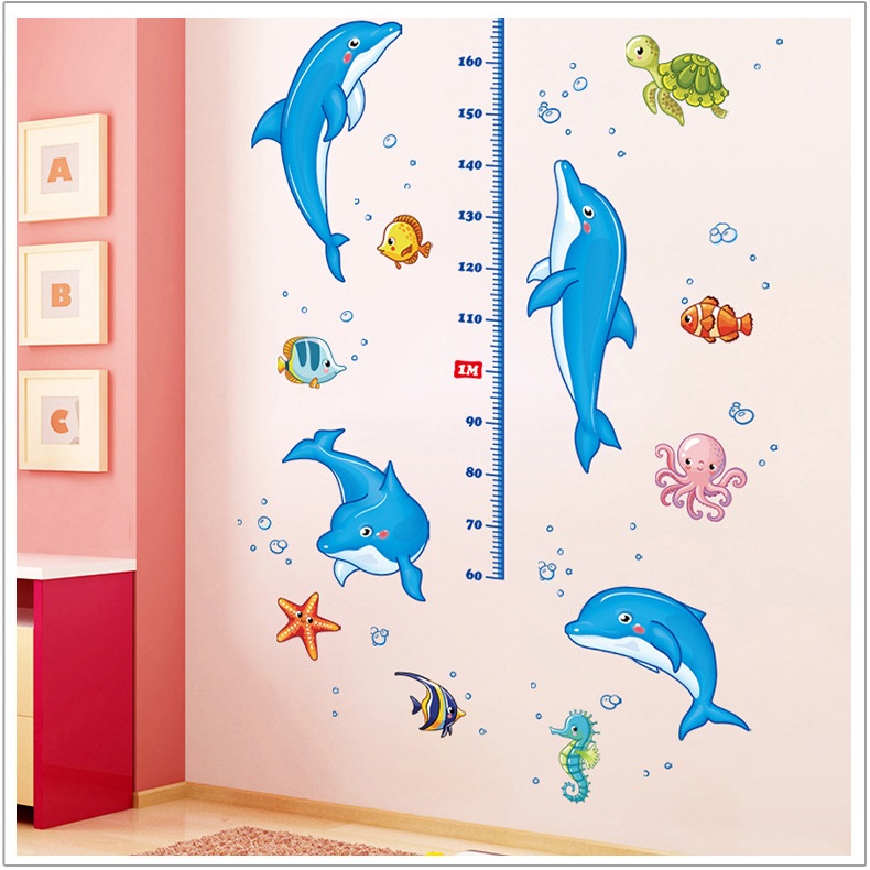 Decal dán tường thước đo Cá heo nhảy múa AmyShop (160 x 110cm)