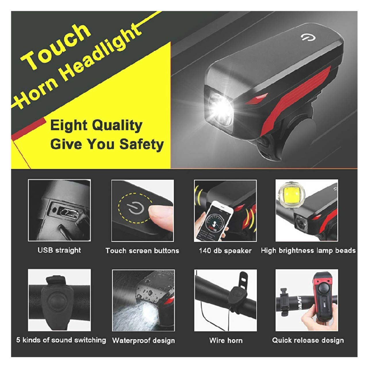 Đèn xe đạp tích hợp còi báo động nhiều chế độ sáng, chống nước IPX5 Bicycle Light LED Front Light