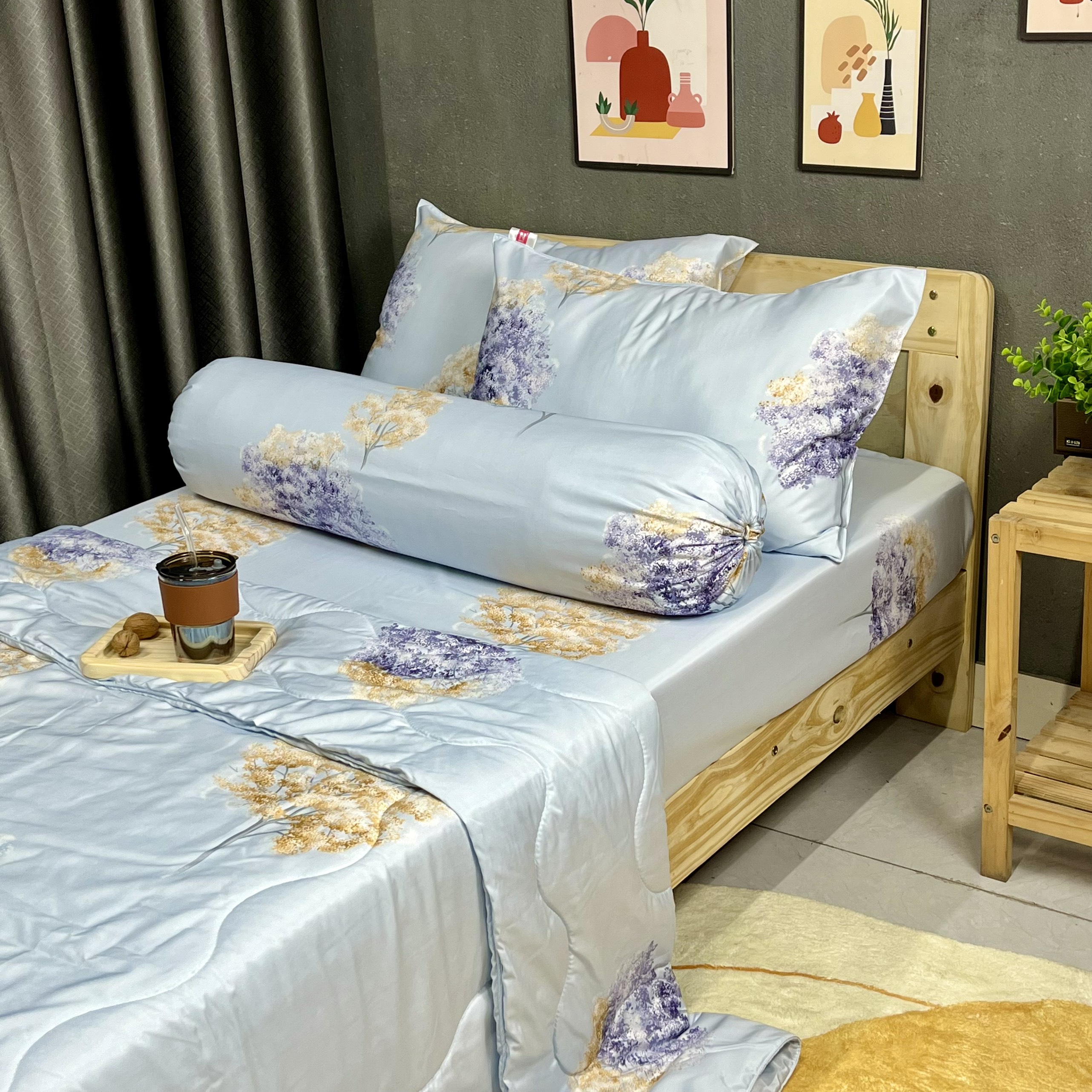 Bộ Chăn Ga Gối Đệm Phi Lụa Tencel Bộ Chăn Ga 5 Món Drap Giường 