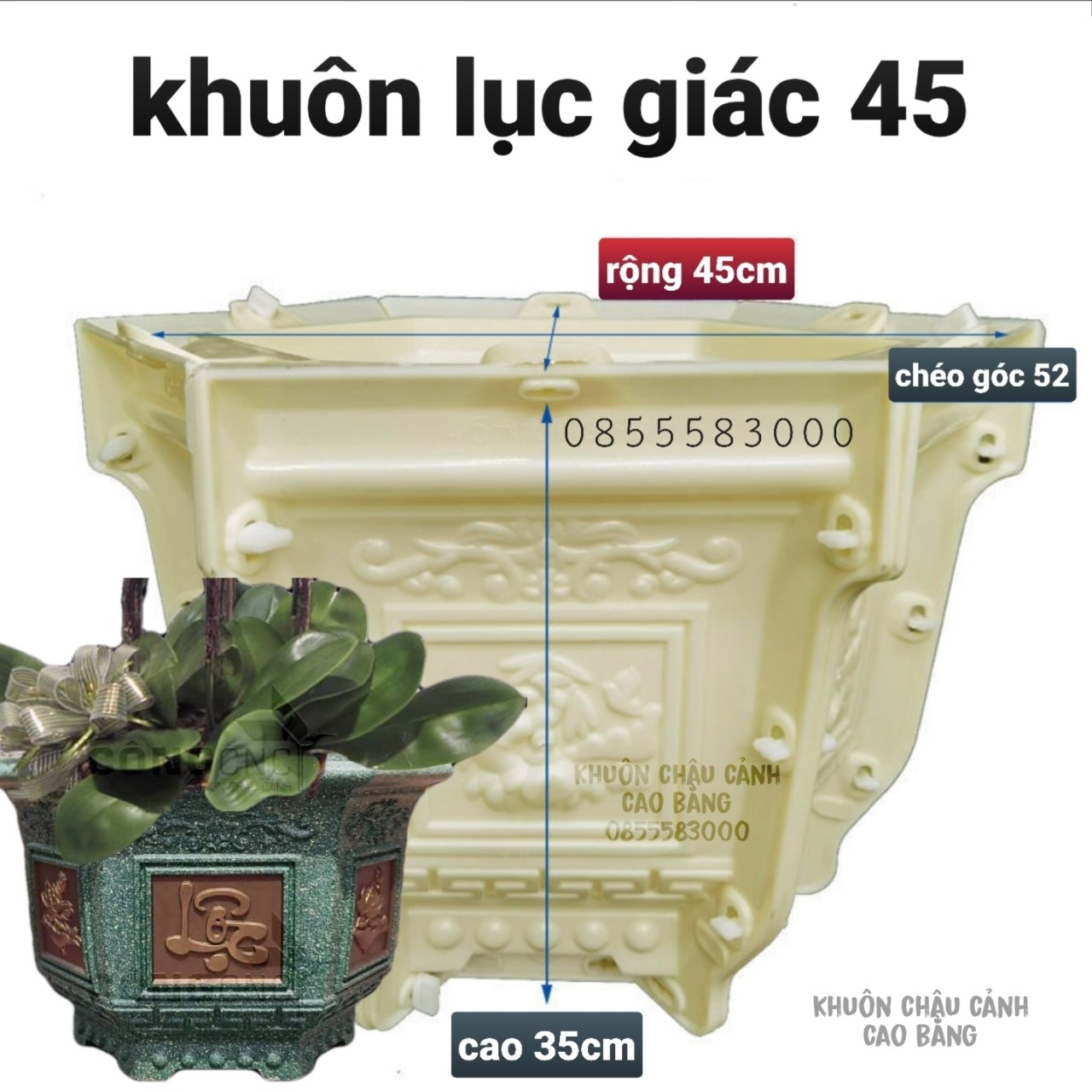Khuôn đúc chậu cảnh lục giác 45 Phúc Lộc Thọ và hoa Sen