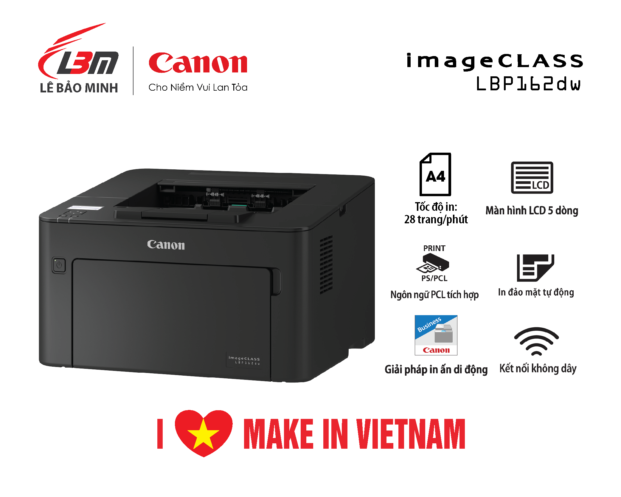 Máy in laser đơn năng Canon LBP162dw- Hàng chính hãng